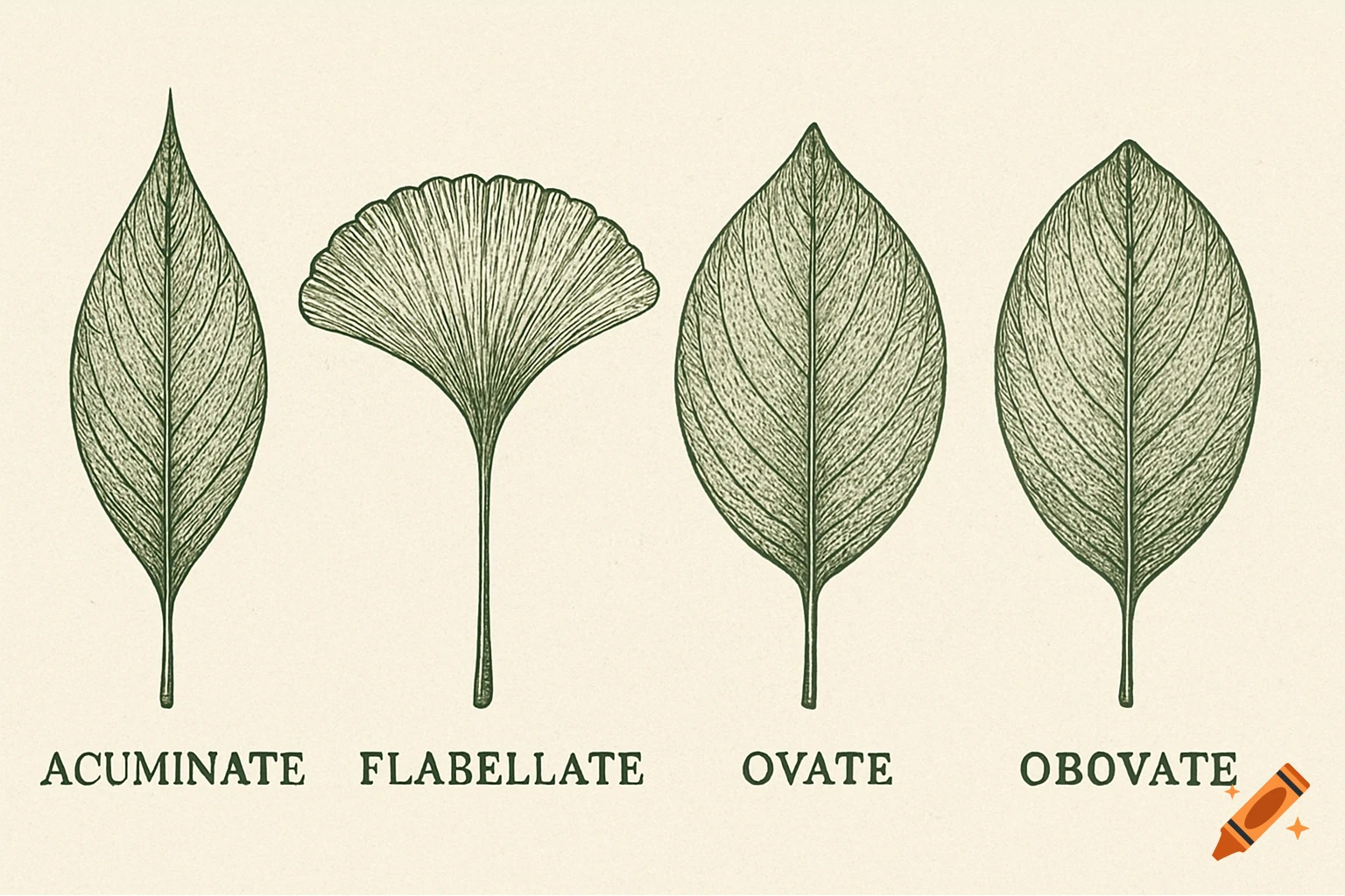 Botanical illustration of four leaf shapes: acuminate, flabellate, ovate, and obovate.