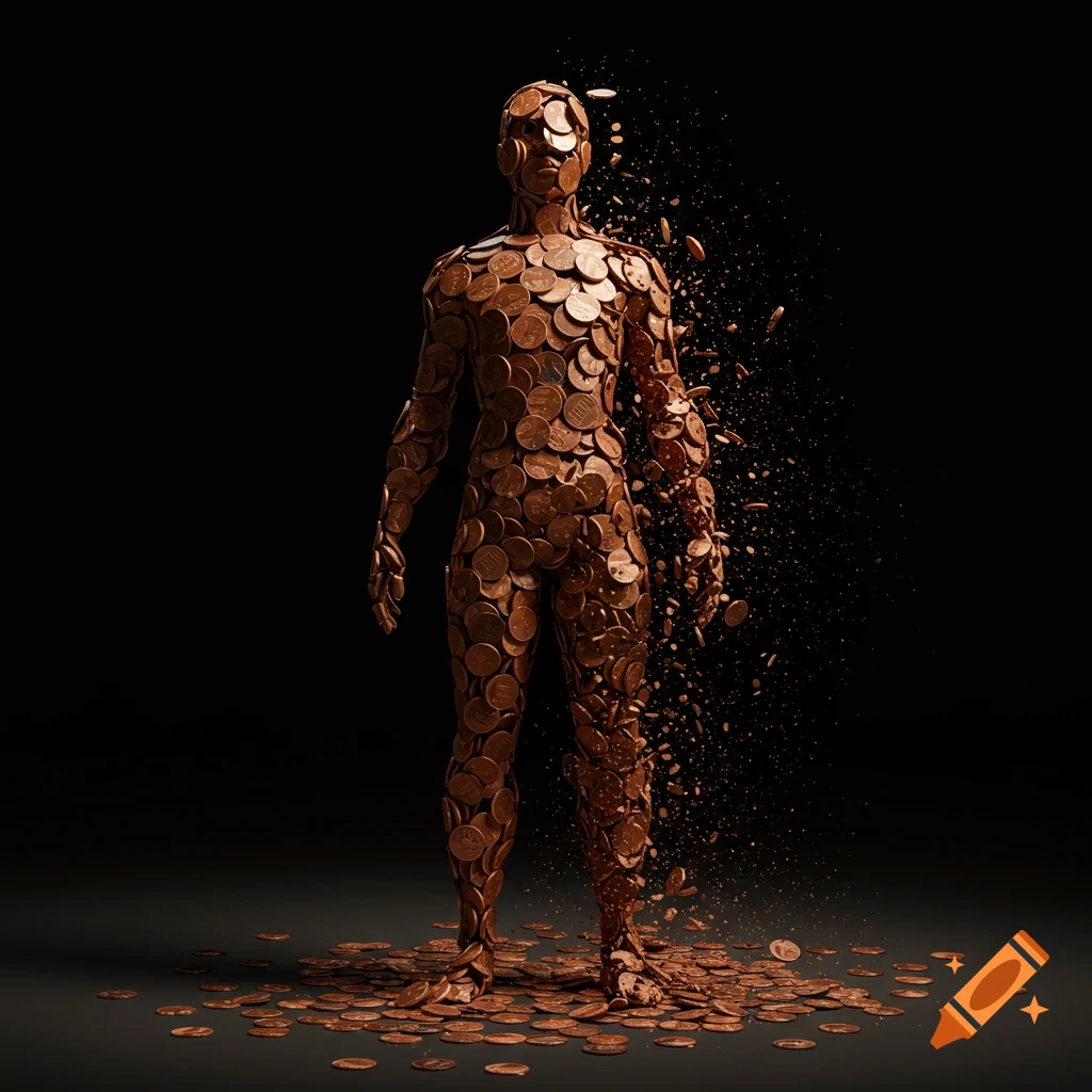 A human figure made of copper pennies stands and dissolves into scattering coins against a dark background.