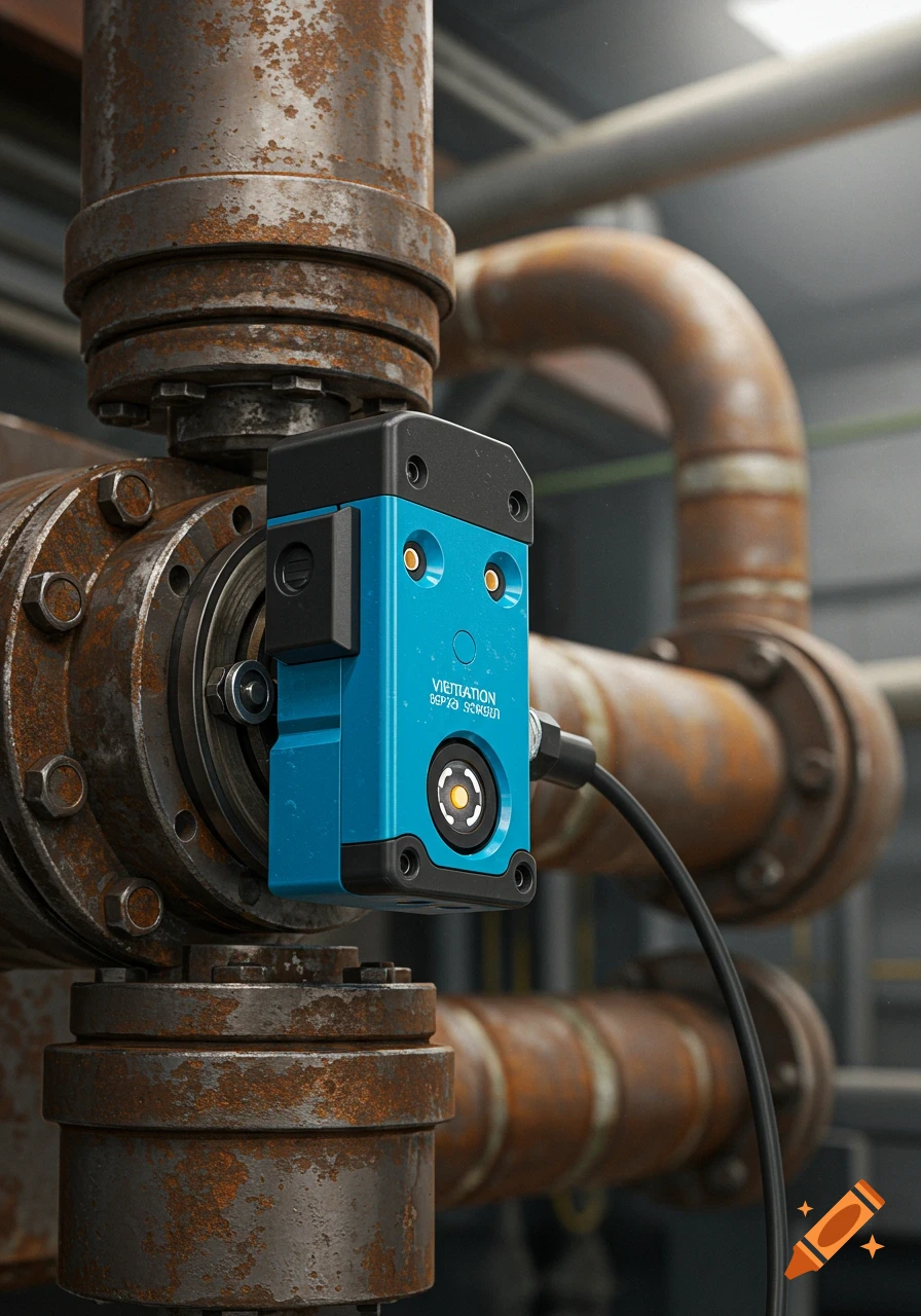 Close-up view of a blue industrial sensor mounted on rusty pipes.