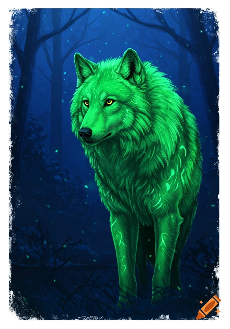 A glowing green wolf with symbols on its fur stands in a dark forest with blue and green light.