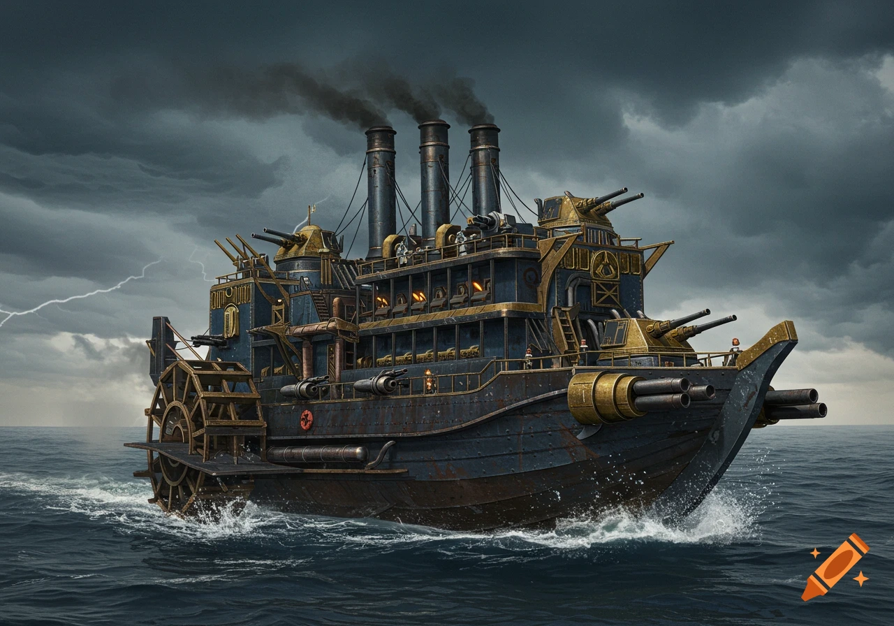 A detailed steampunk combat steamboat sails through a stormy sea with lightning.