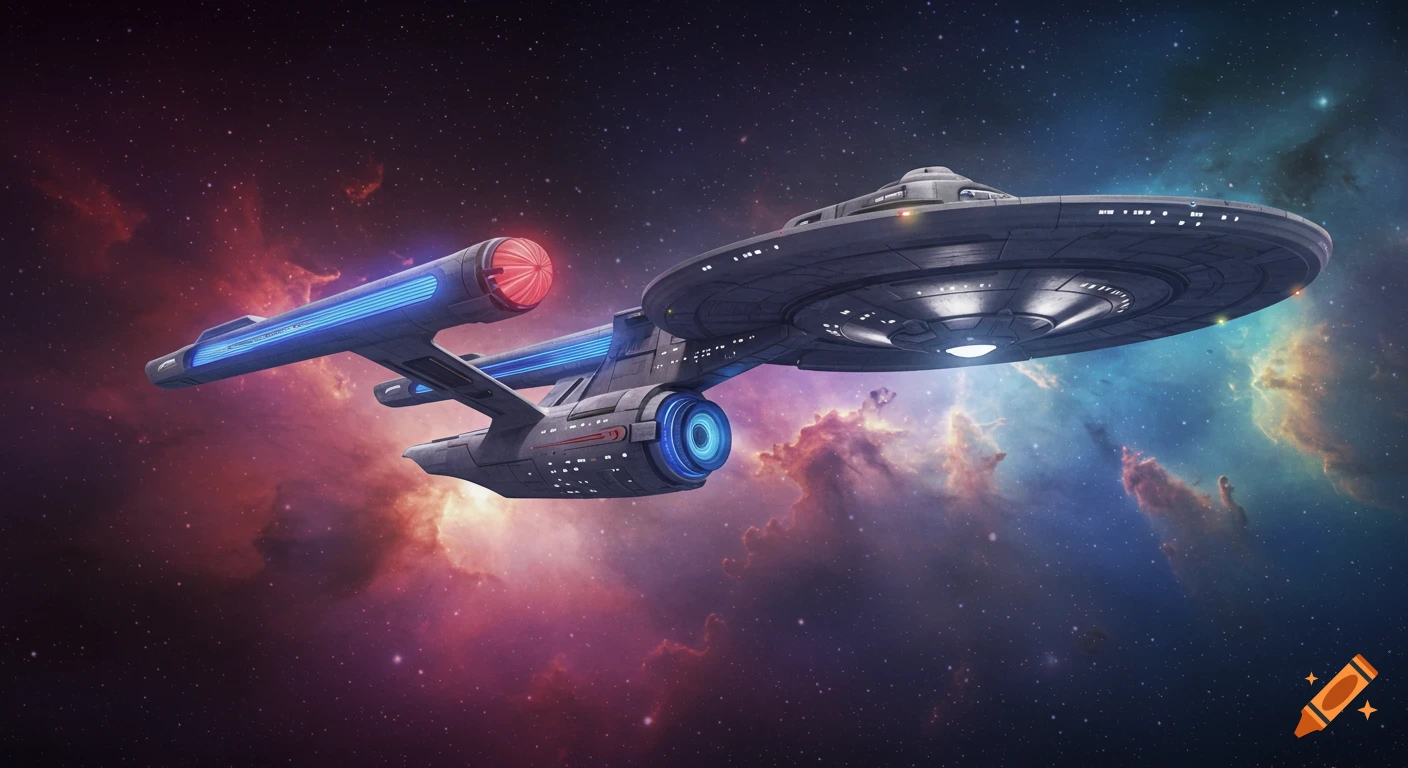 A Star Trek style spaceship flies through a colorful nebula in space.
