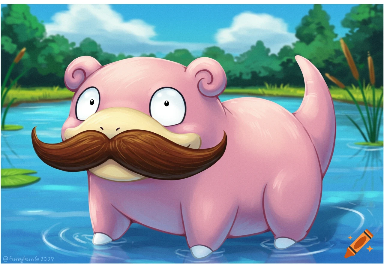 A cartoon Slowpoke character with a large brown moustache stands in a pond.