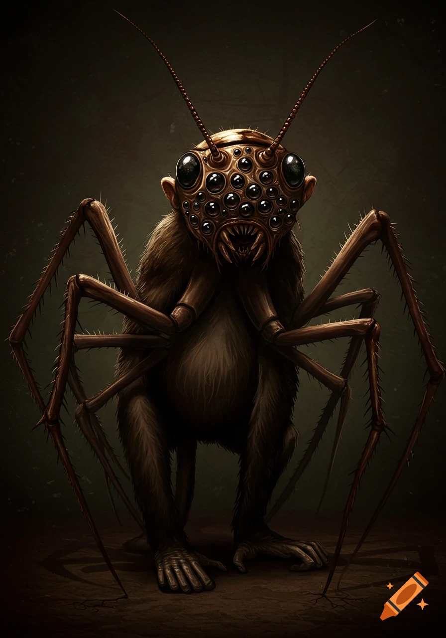 A creature with a monkey body, multiple spider legs, and many eyes on its face.