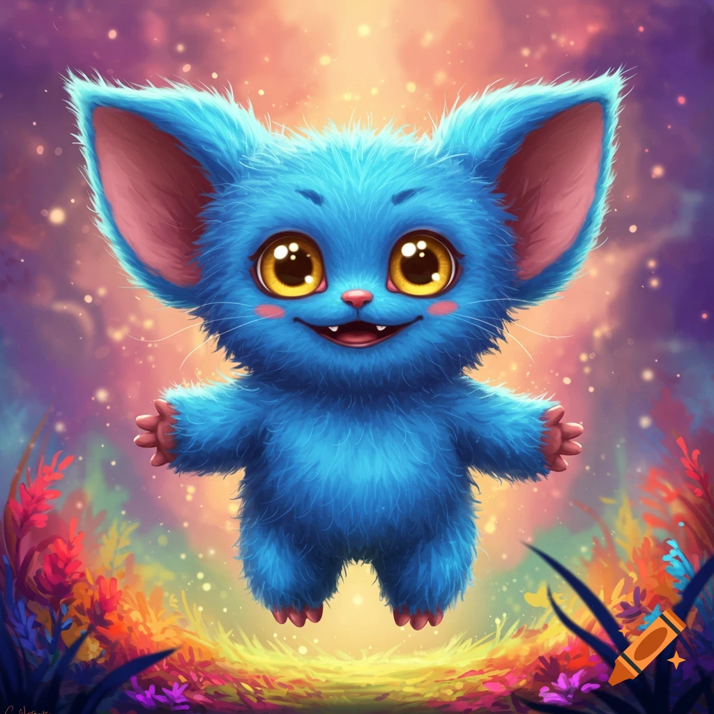Cute blue furry creature with big eyes and ears smiling in a bright fantasy forest.