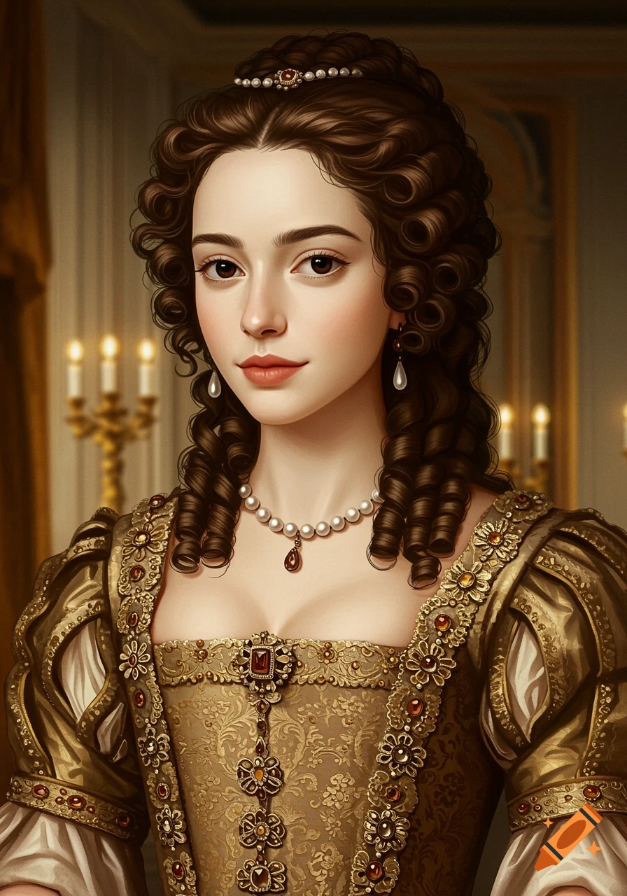 Portrait of a young woman in historical clothing and jewelry.