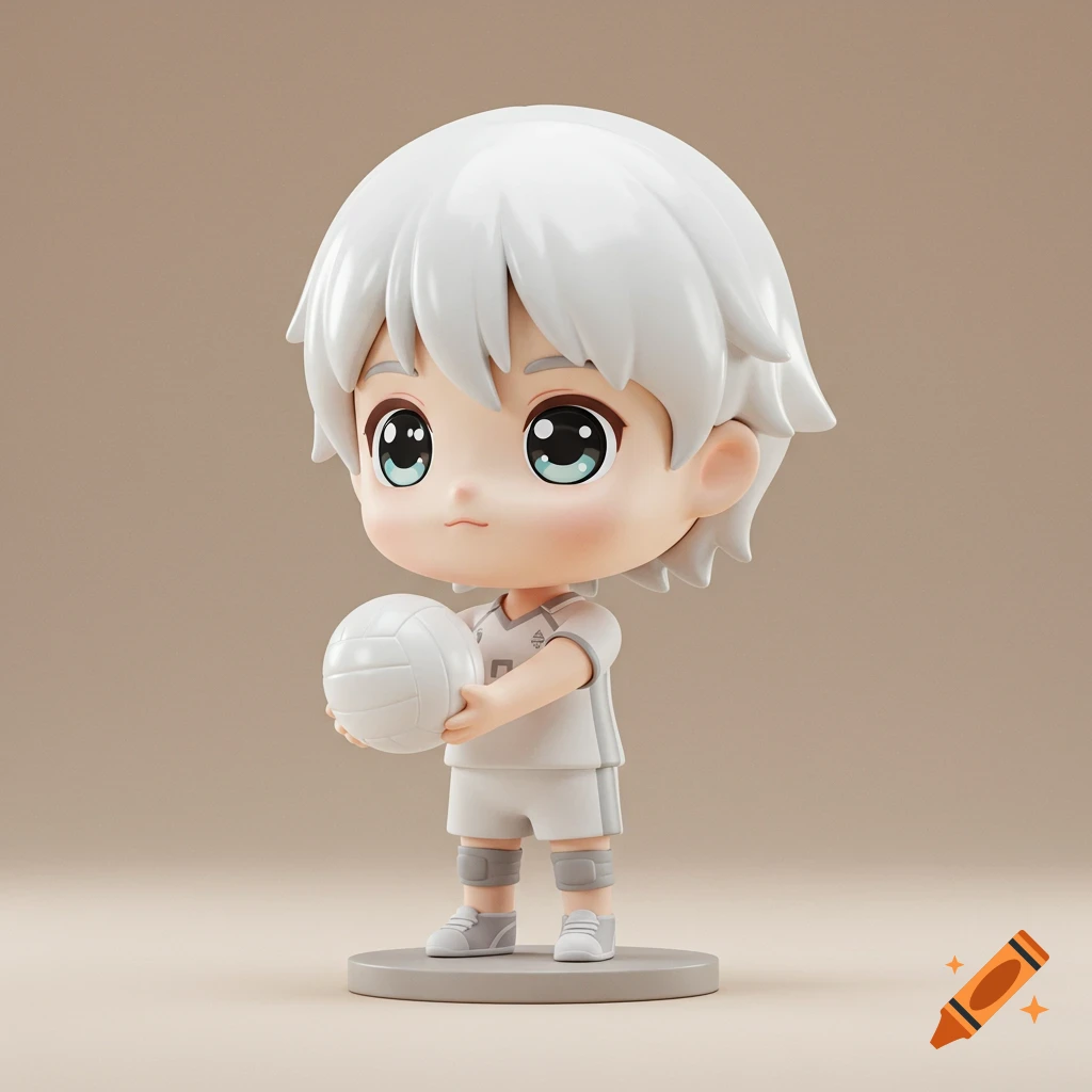 Chibi bobblehead figurine of a boy in a white volleyball uniform holding a ball.