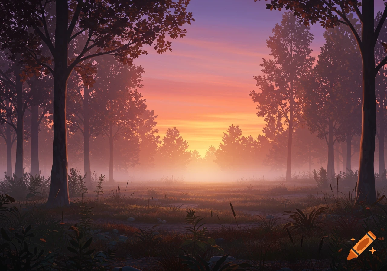 Misty forest clearing at twilight with a colorful sky.