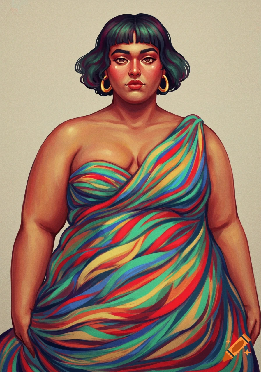 Illustrated portrait of a person in a colourful, one-shoulder dress with wavy stripes.