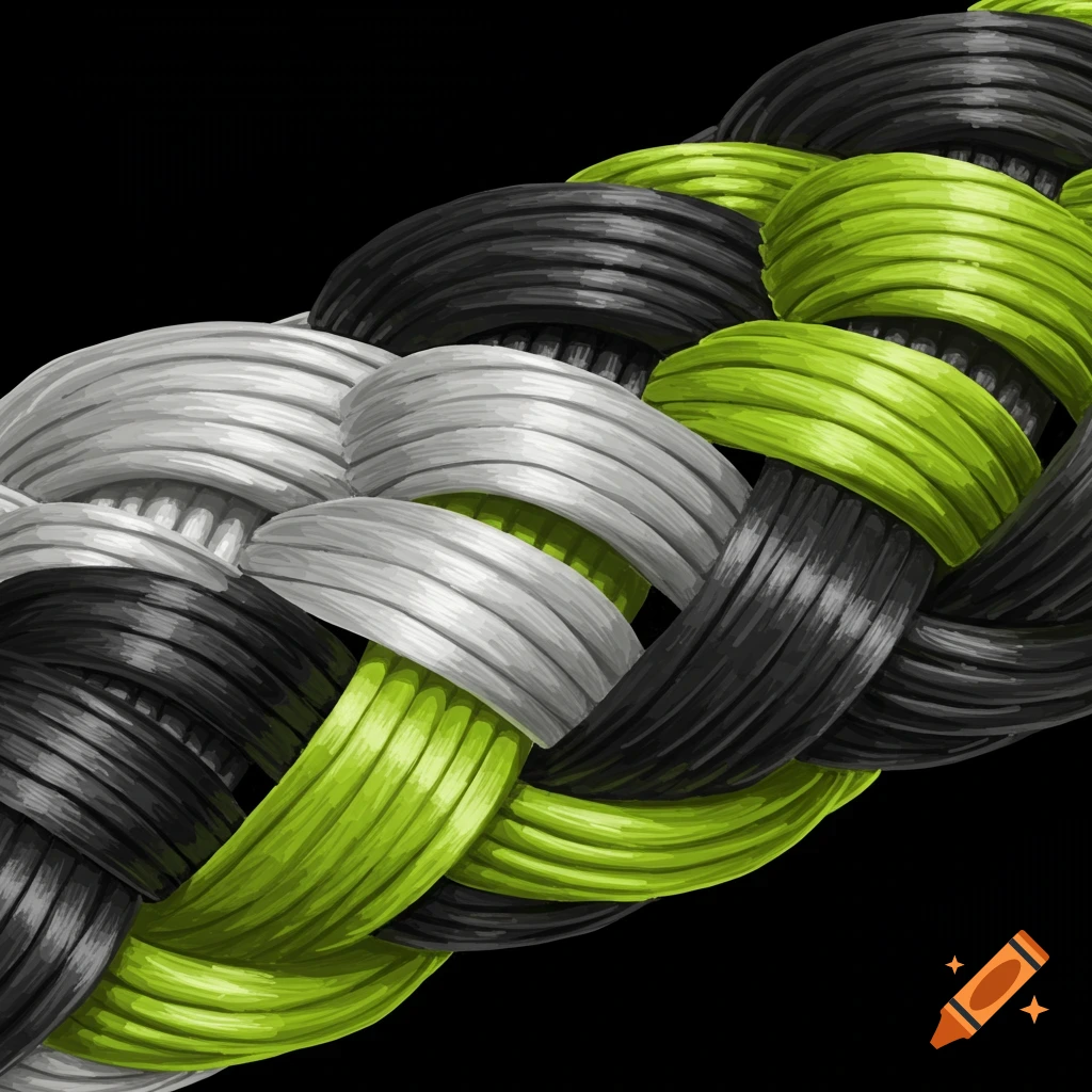 Close-up of braided black, gray, and green fibers against a black background.