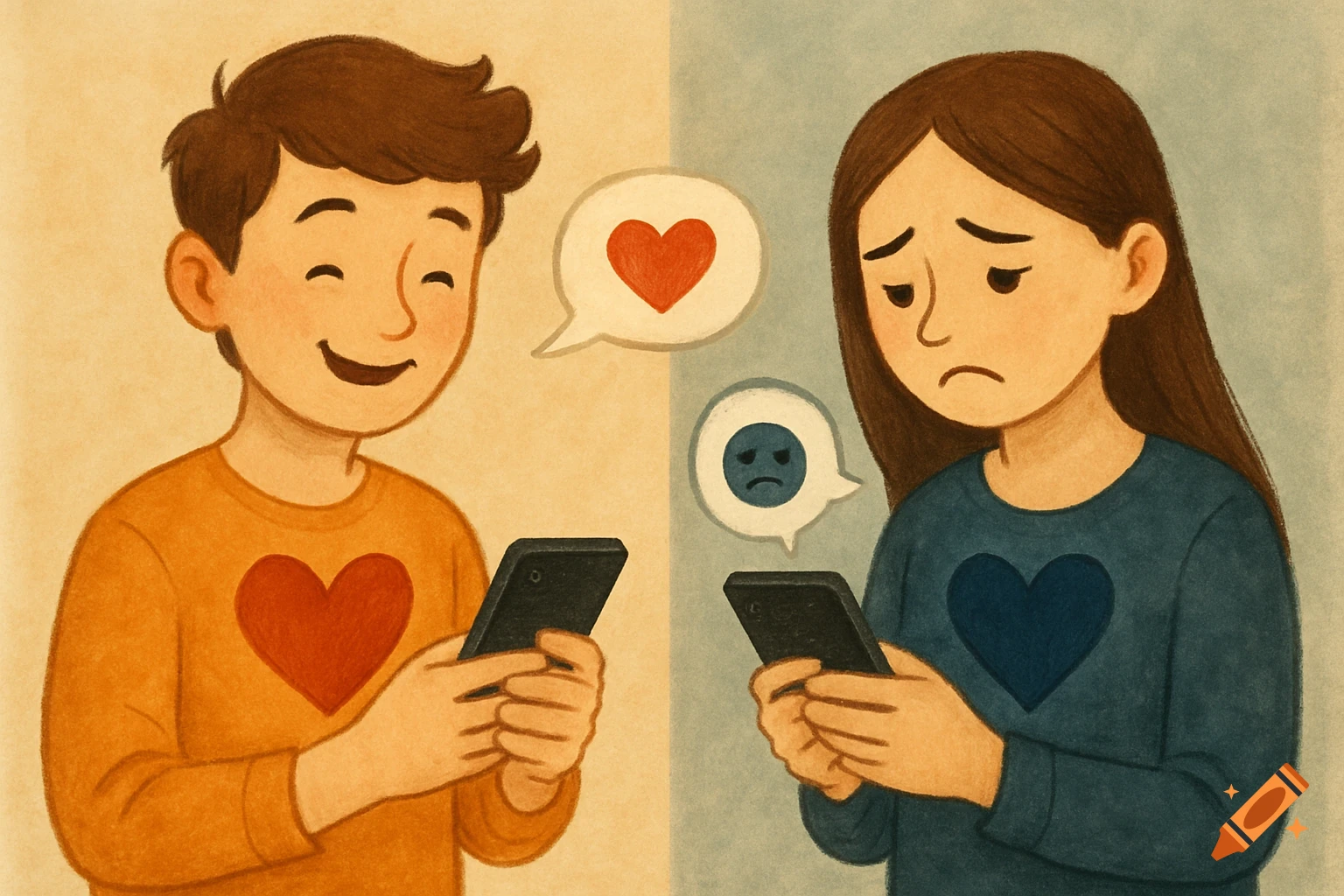 Stylized illustration of a happy person with a heart message bubble and a sad person with a sad emoji bubble using phones.