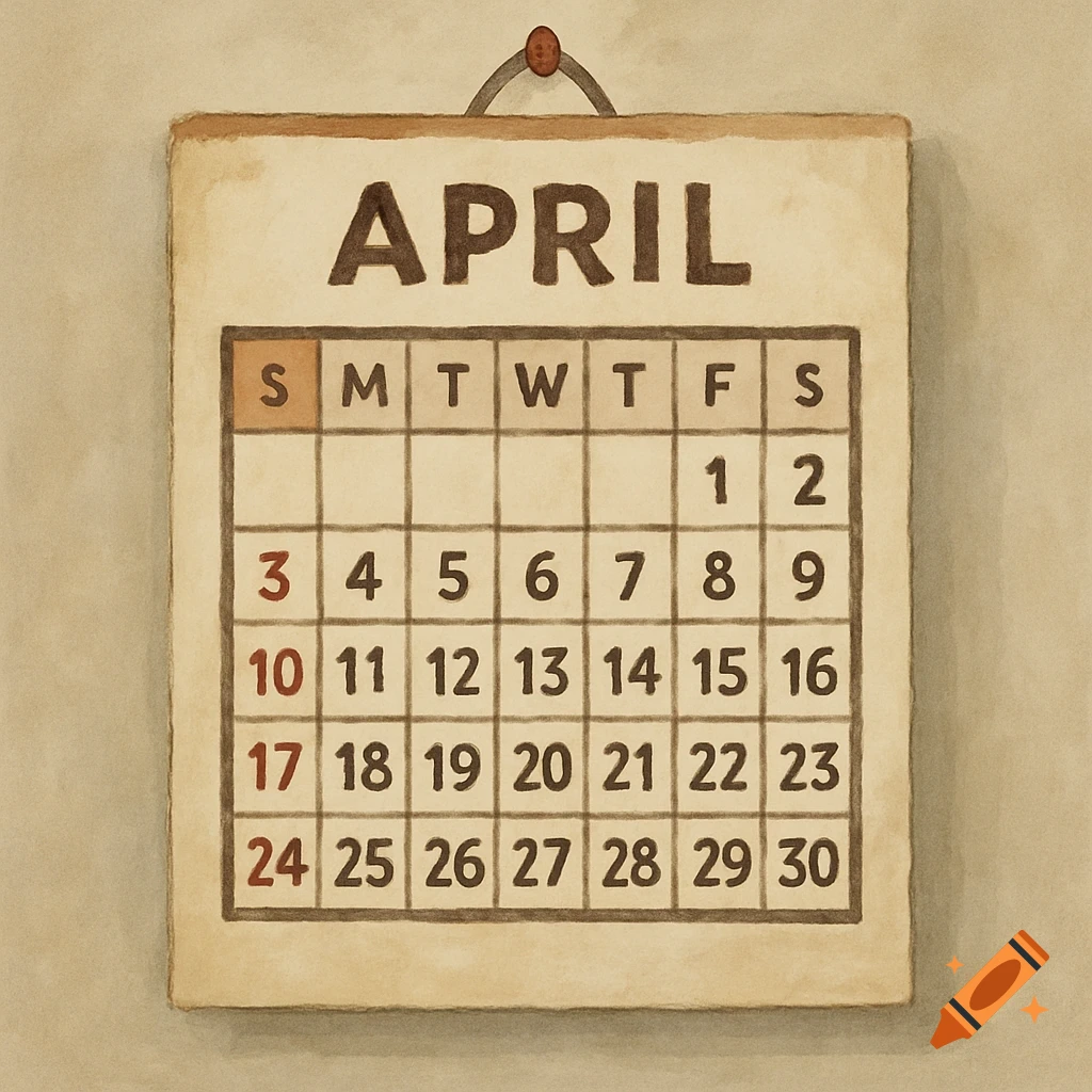 A digital painting of an April calendar page hanging on a wall.