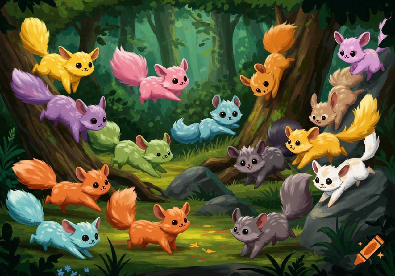 Many colorful furry creatures with long tails are running through a sunlit forest.