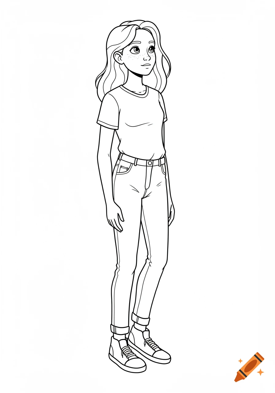 A full-length line drawing of a teenage girl standing in jeans and a t-shirt, looking off-page.