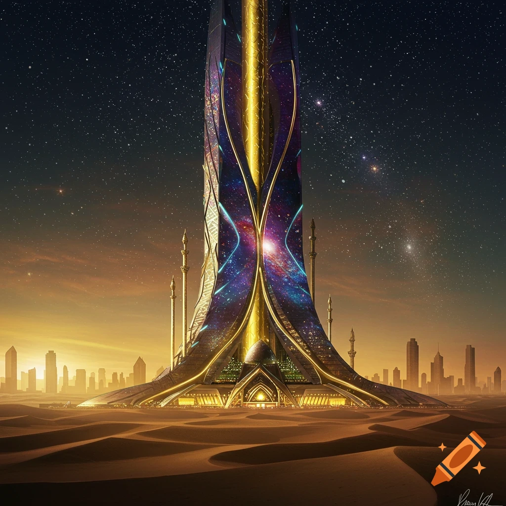 Futuristic skyscraper with cosmic patterns in desert, city skyline background, starry sky.