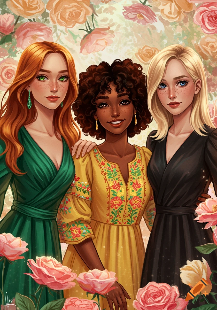 Illustration of three diverse women in dresses surrounded by roses.