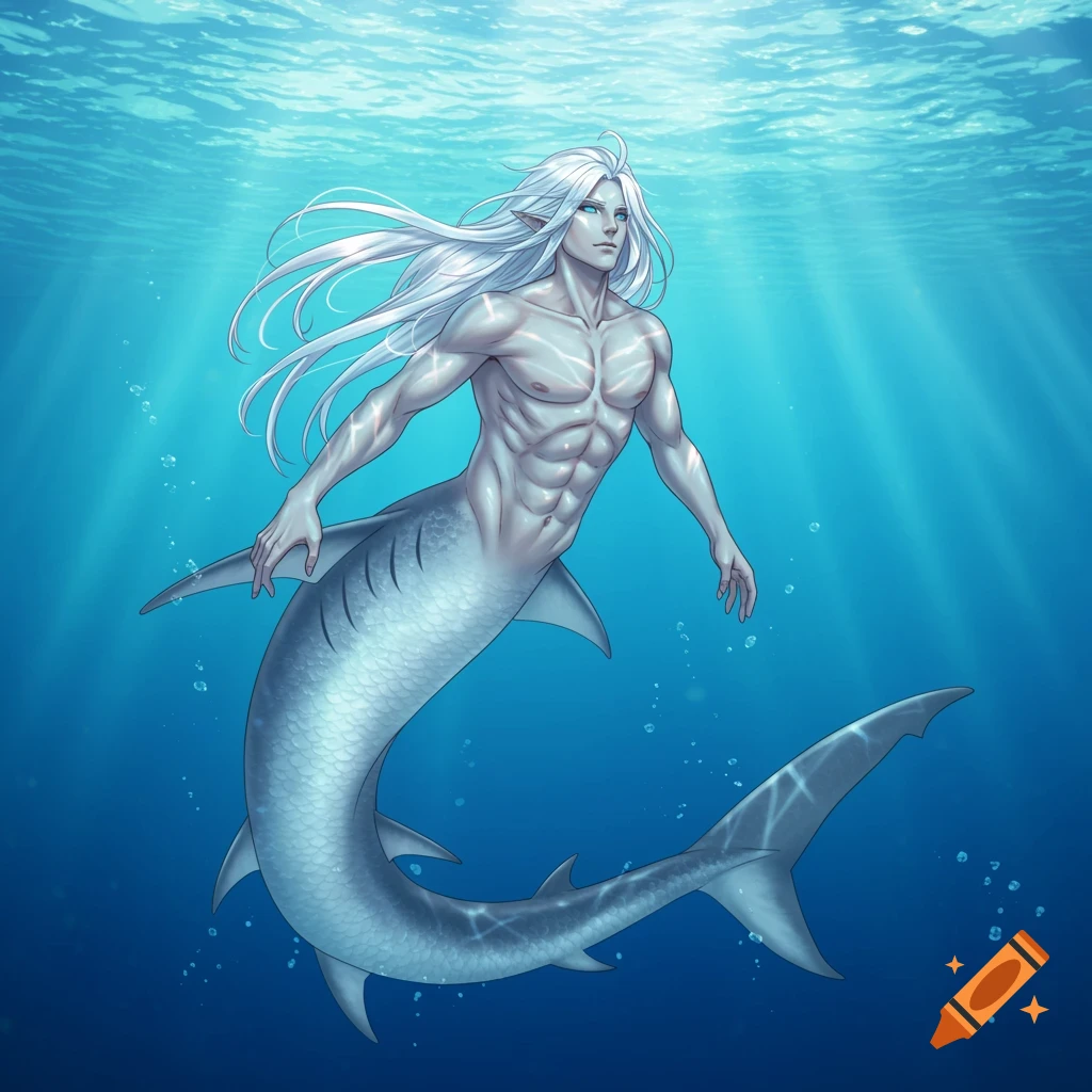 Anime-style male merman with white hair and a shark tail swims underwater with sunlight filtering from above.