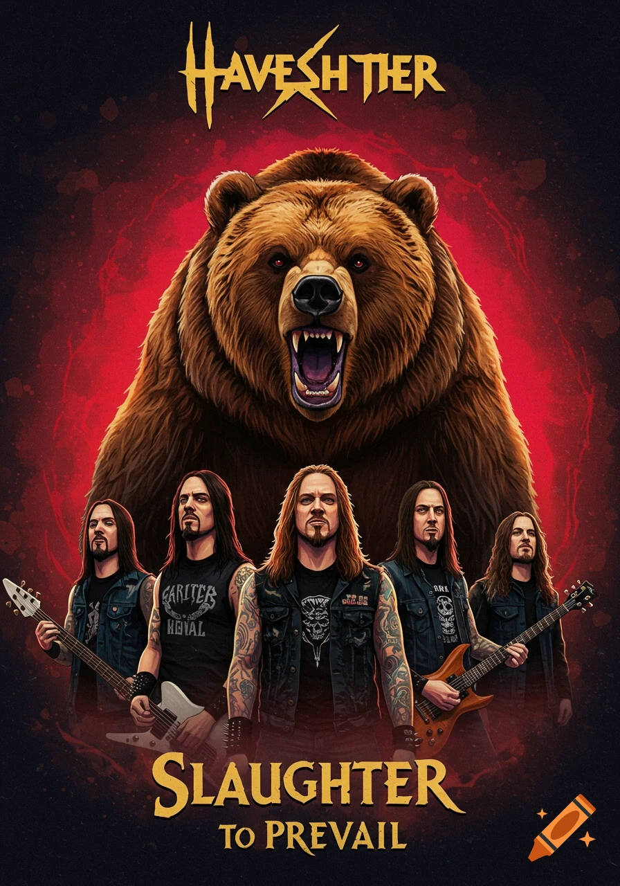 A growling bear towering over a band of five musicians holding guitars. Red background.