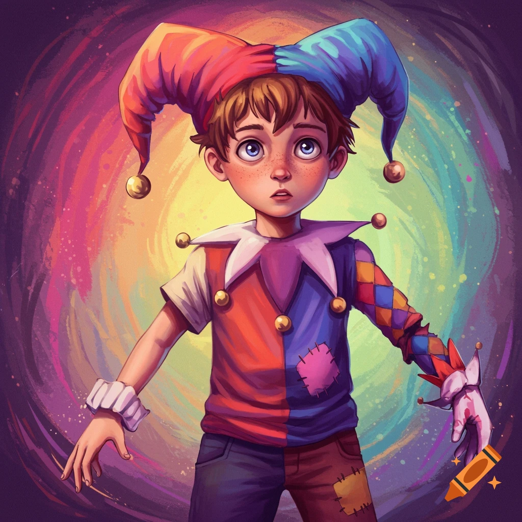 Illustration of a boy in a colourful jester costume against a swirling background.
