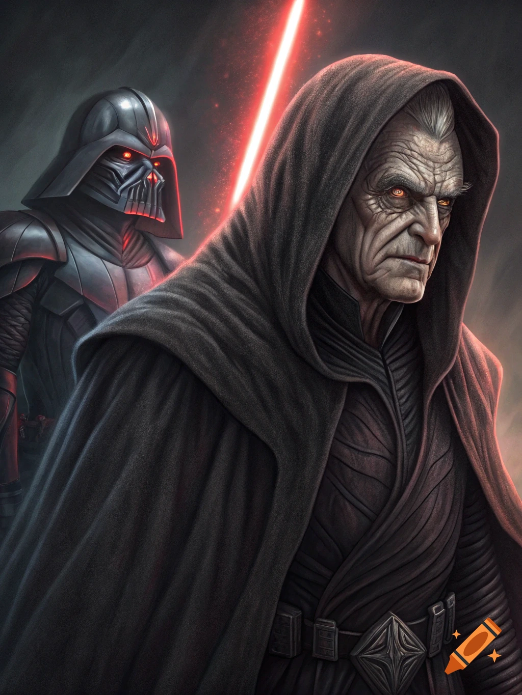 Illustration of two dark figures resembling Palpatine and Darth Vader with a red lightsaber.