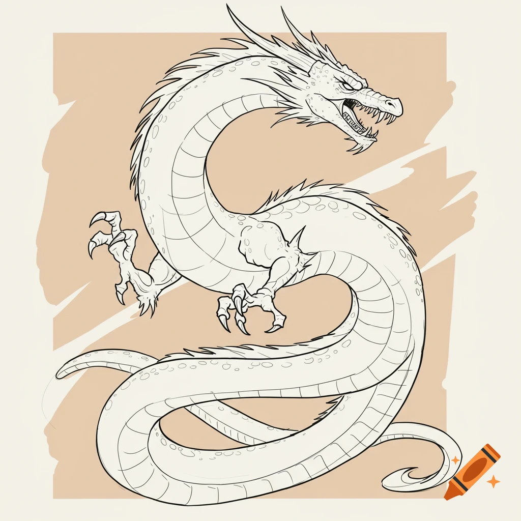 A detailed black outline drawing of a fantasy dragon.
