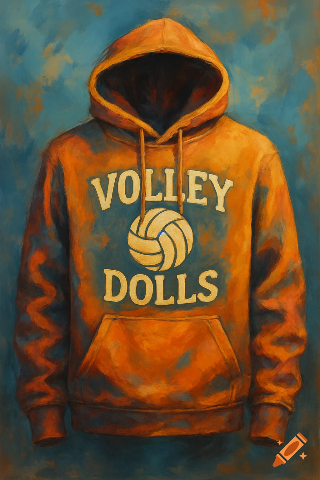 An orange hoodie with "VOLLEY DOLLS" and a volleyball graphic, painted style.