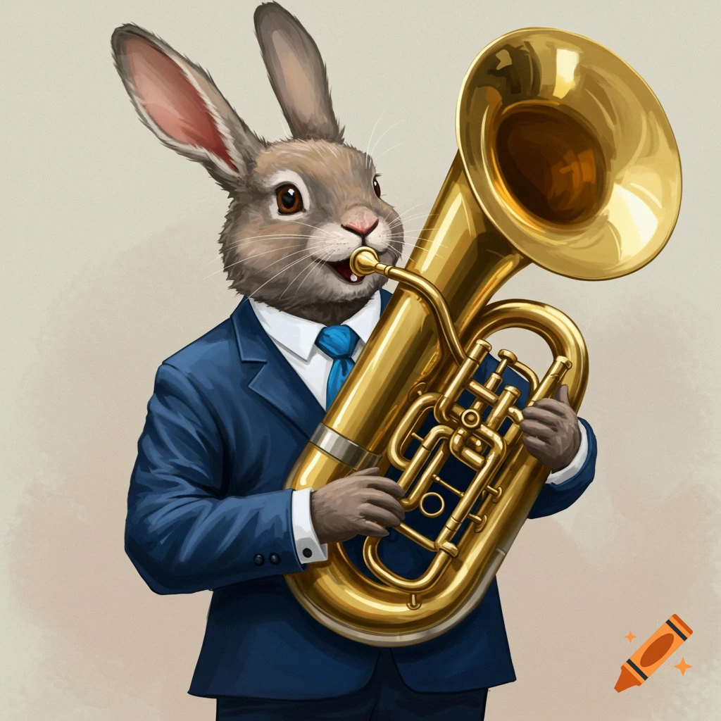 A rabbit in a blue suit playing a tuba.