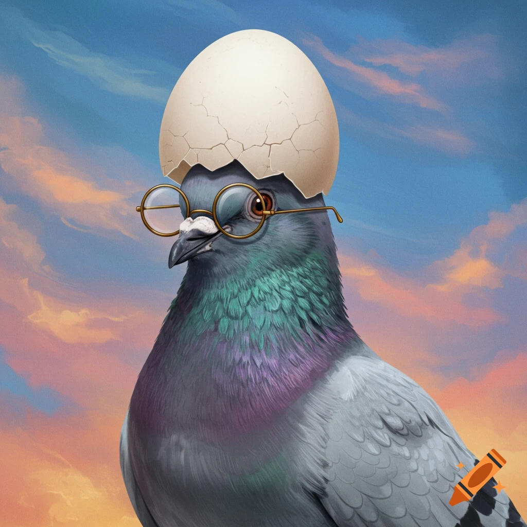 A pigeon wearing glasses with a cracked egg on its head.