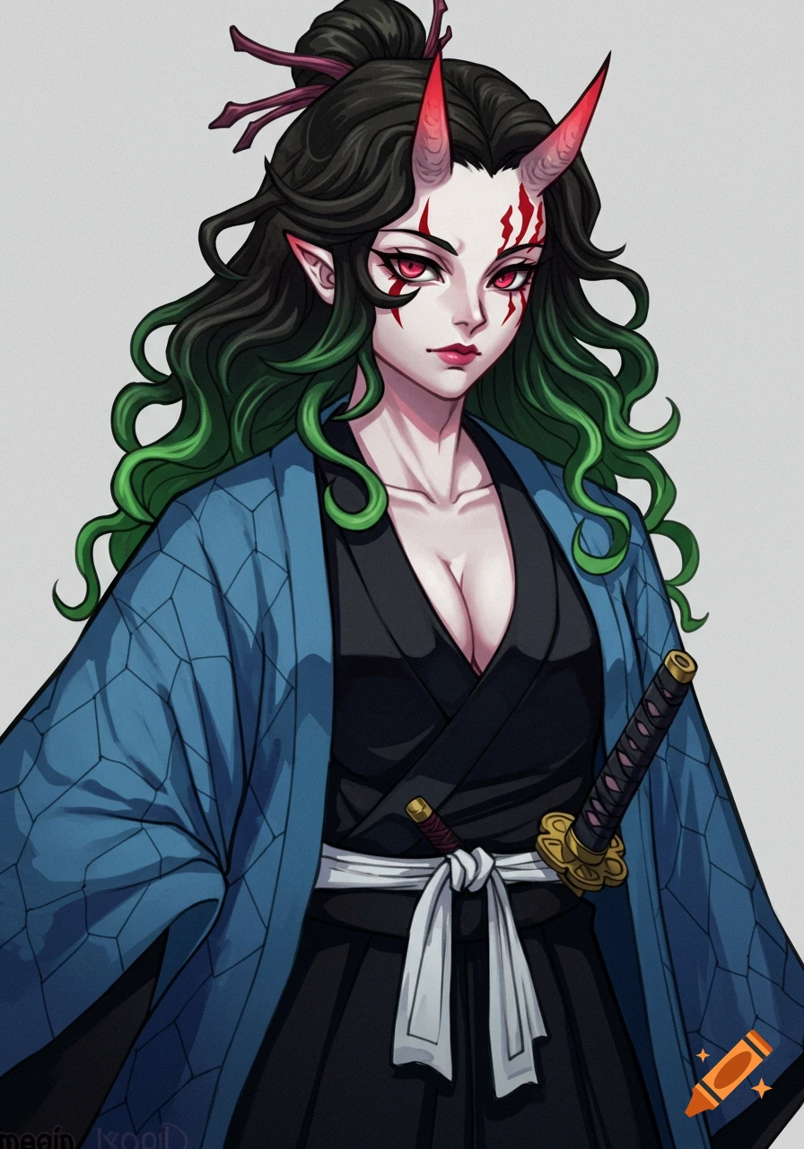 Illustration of a demon woman with red horns, red markings on her face, and green-tipped black hair wearing a blue and black samurai uniform.
