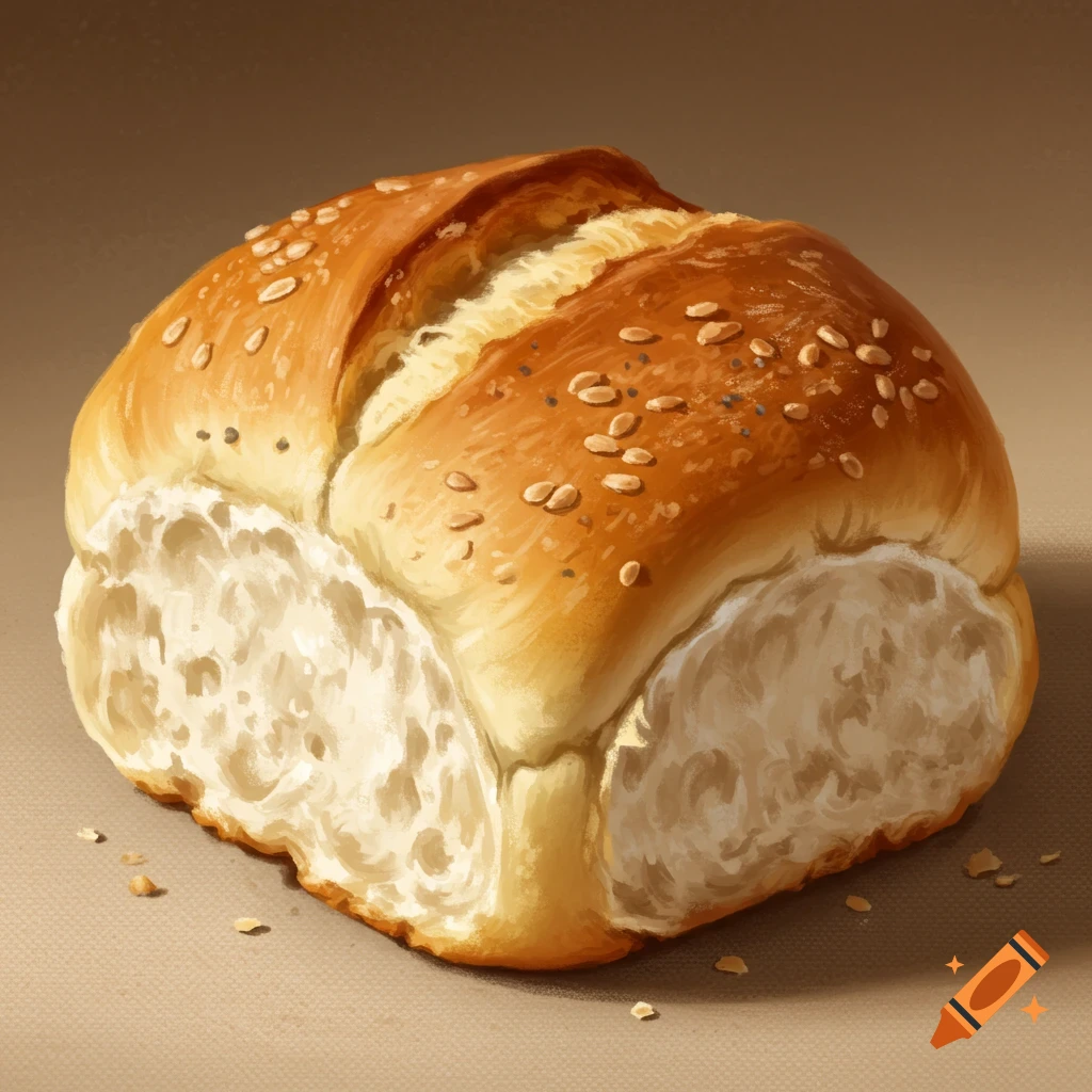 A sesame seed bread roll on a brown background.