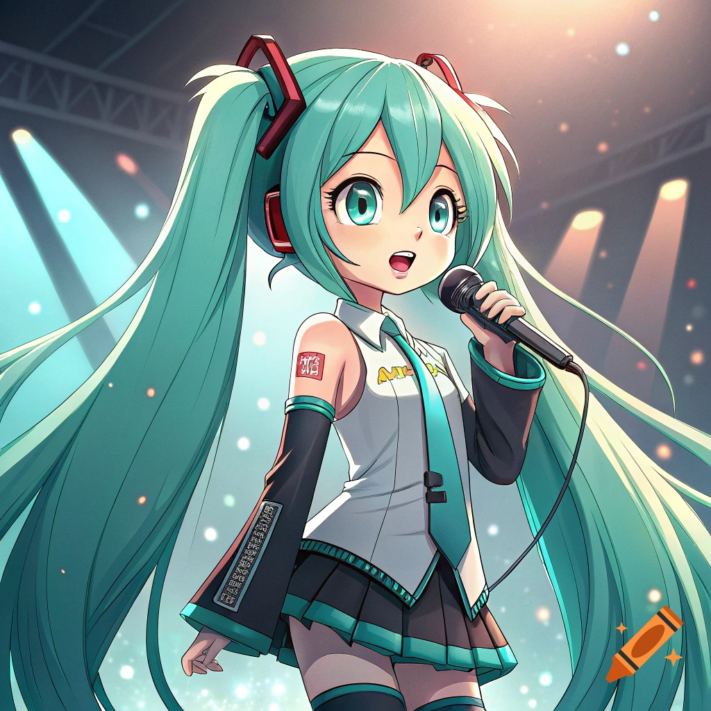 Anime character with teal hair singing into a microphone on stage