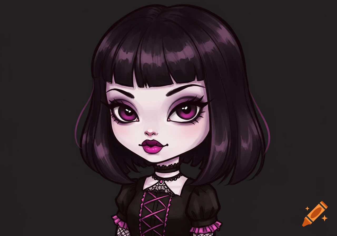 A hand-drawn illustration of a cutesy goth girl with dark hair and purple eyes, wearing a black dress.