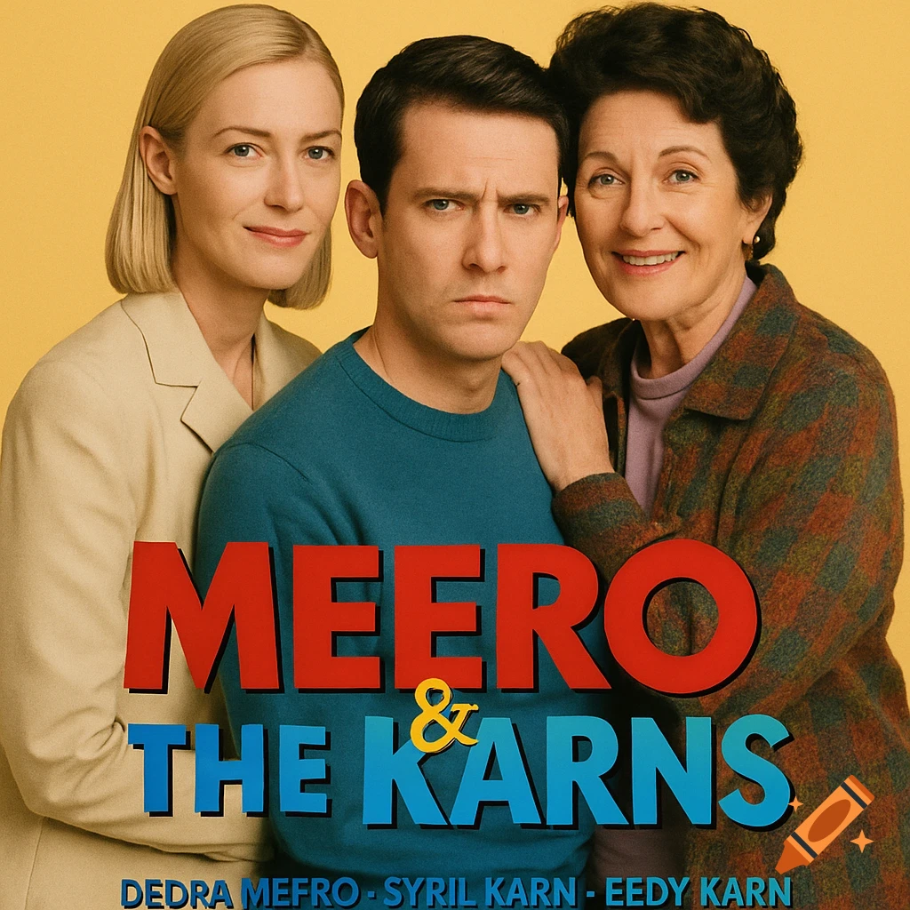 Poster for a sitcom 'Meero & The Karns' featuring three people.