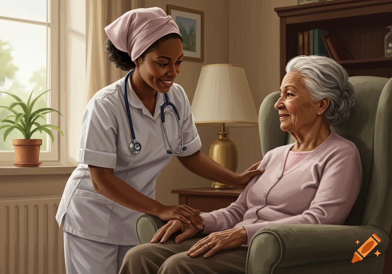 A black female nurse assists an elderly patient in an armchair in their home.