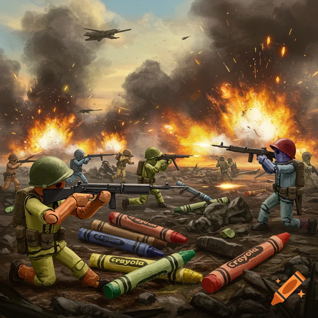 Crayon soldiers fighting in a WWII battlefield with explosions and scattered crayons.