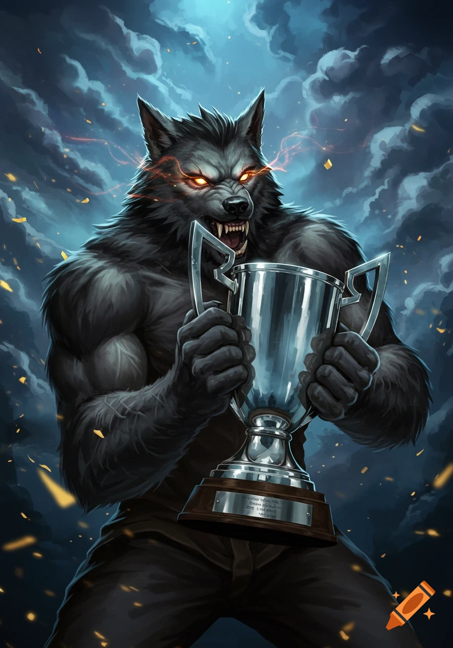 A humanoid werewolf holds a large silver trophy, digital art.
