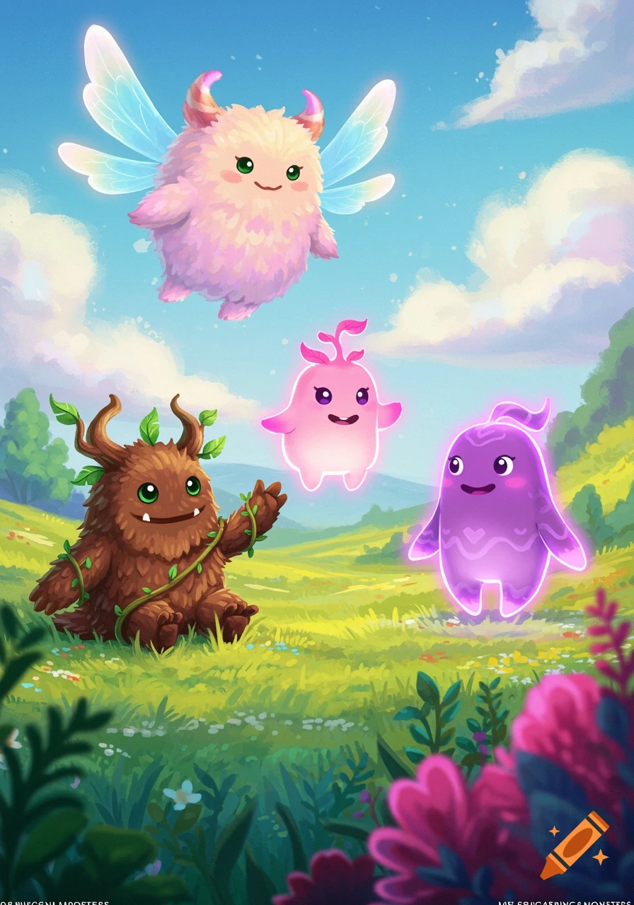 Colorful fantasy monsters floating and sitting in a sunny, painterly landscape.