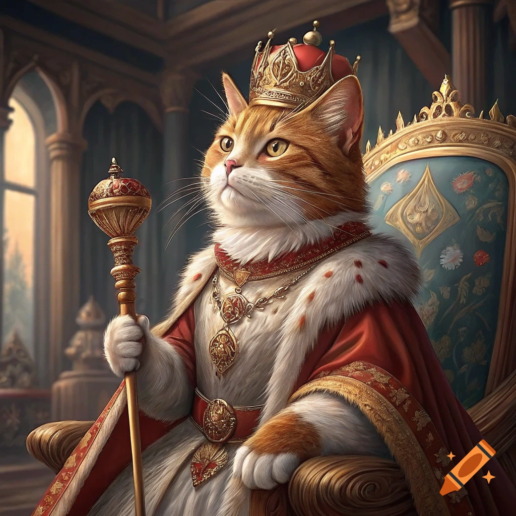 A cat dressed in royal robes, crown, and holding a scepter sits on a throne.