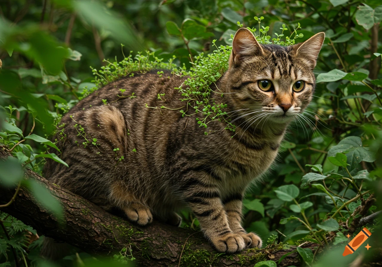 A brown-striped cat sits on a tree branch in a forest, with tiny green plants growing from its fur.