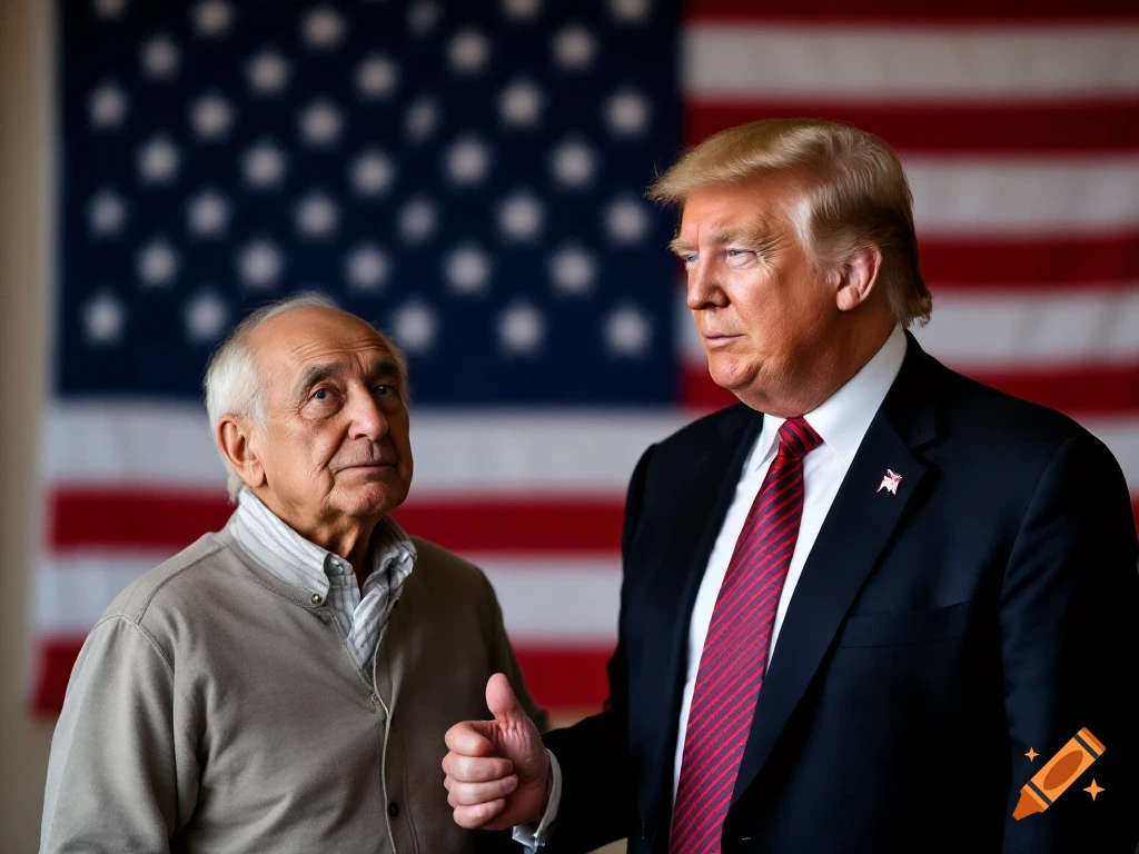 Donald Trump and another man stand in front of an American flag.