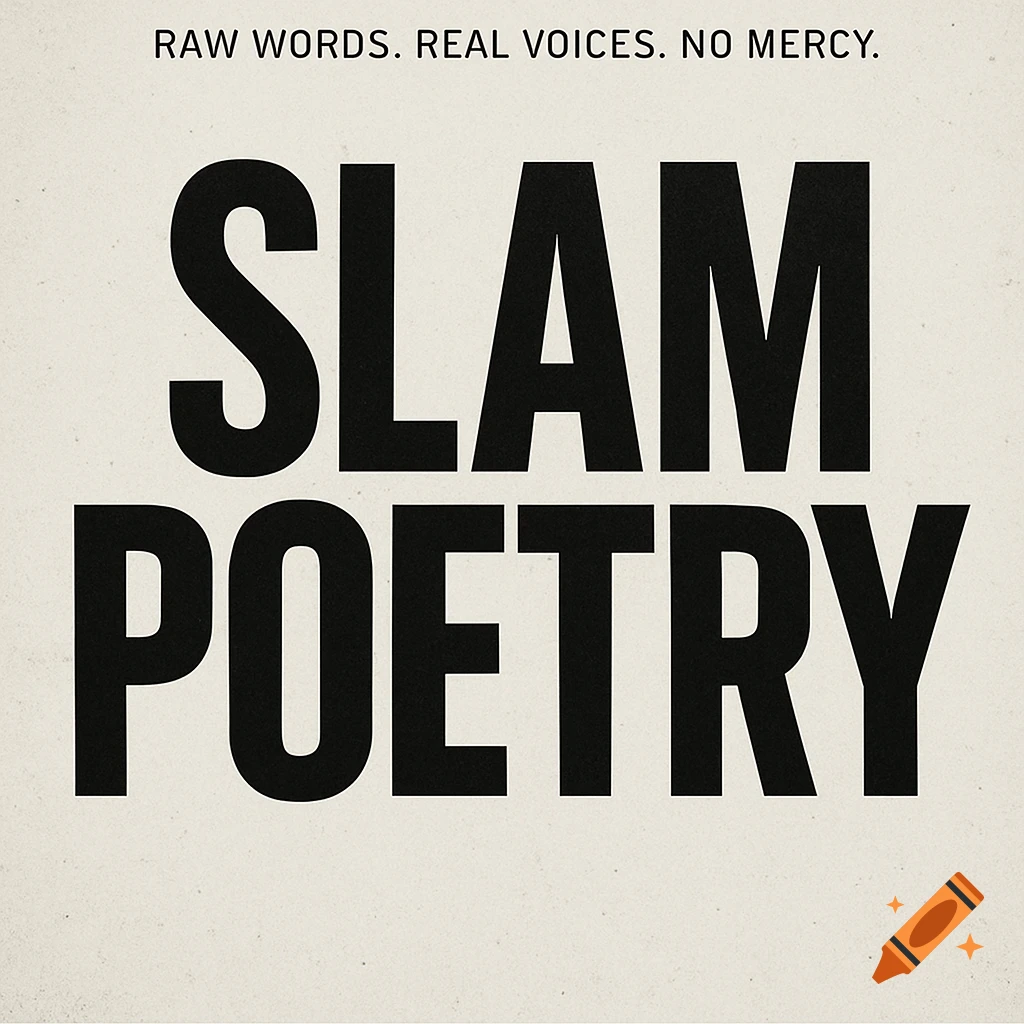 Poster with text reading 'Raw Words. Real Voices. No Mercy.' and 'Slam Poetry'
