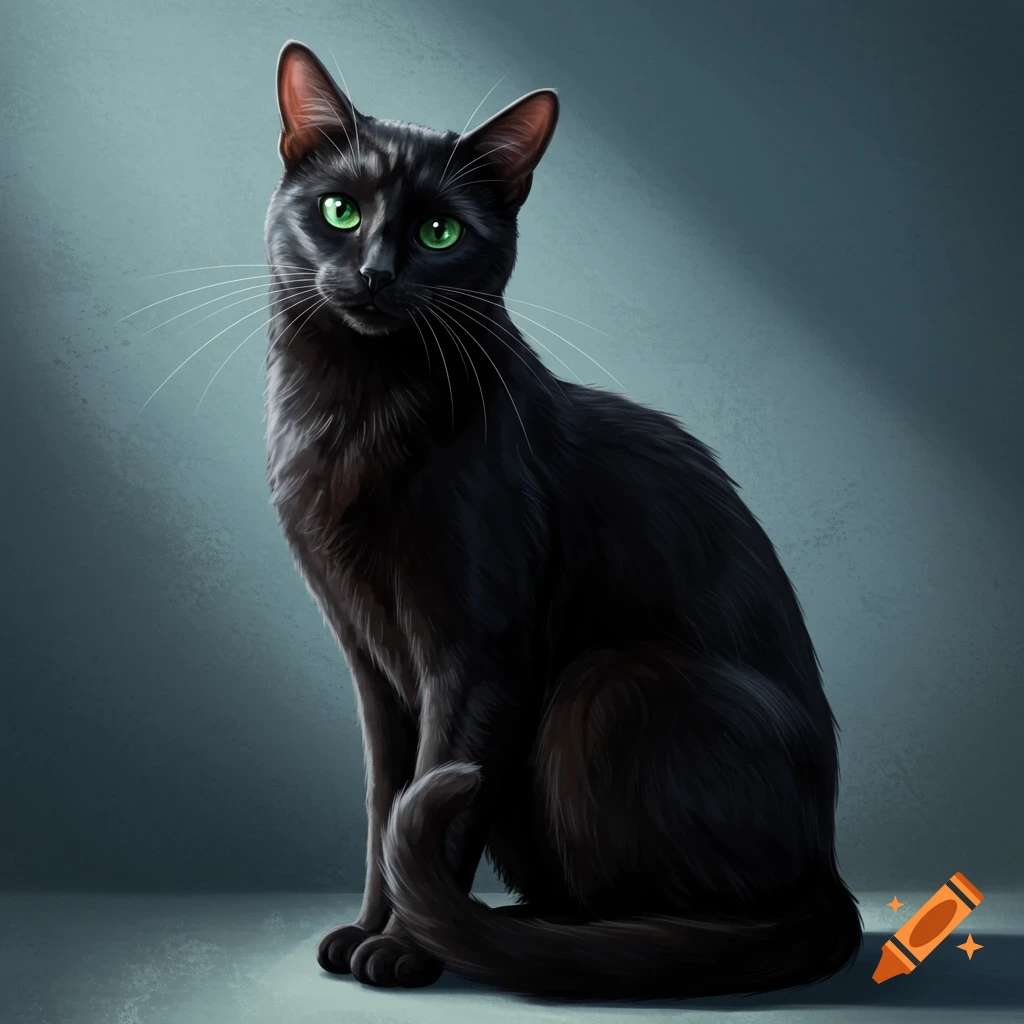 A black cat with green eyes sitting.