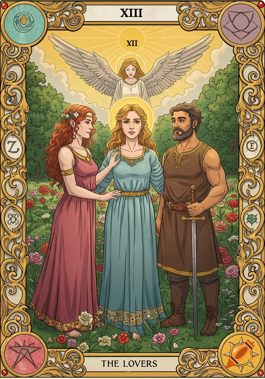Illustration of The Lovers tarot card with two women and one man in a garden under an angel.