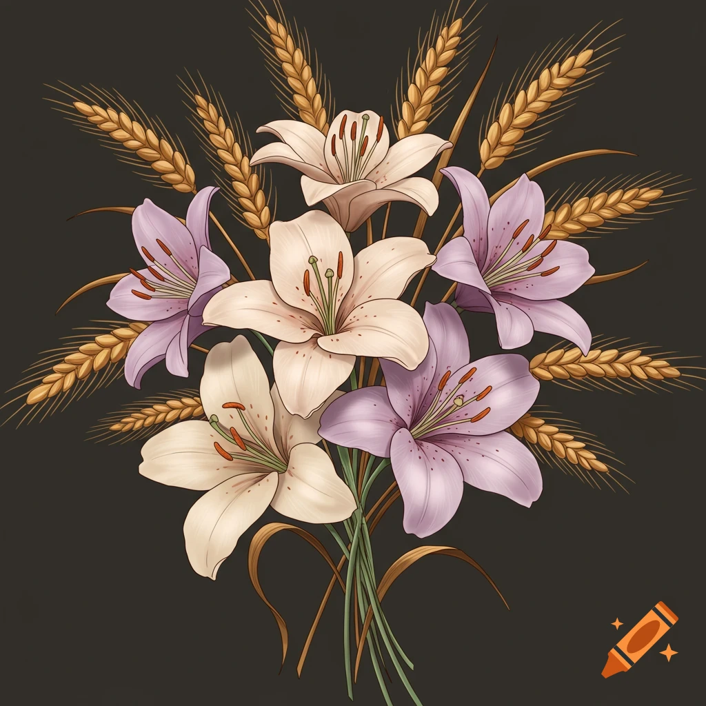 A bouquet of white and purple lilies and wheat stalks in a tattoo style.