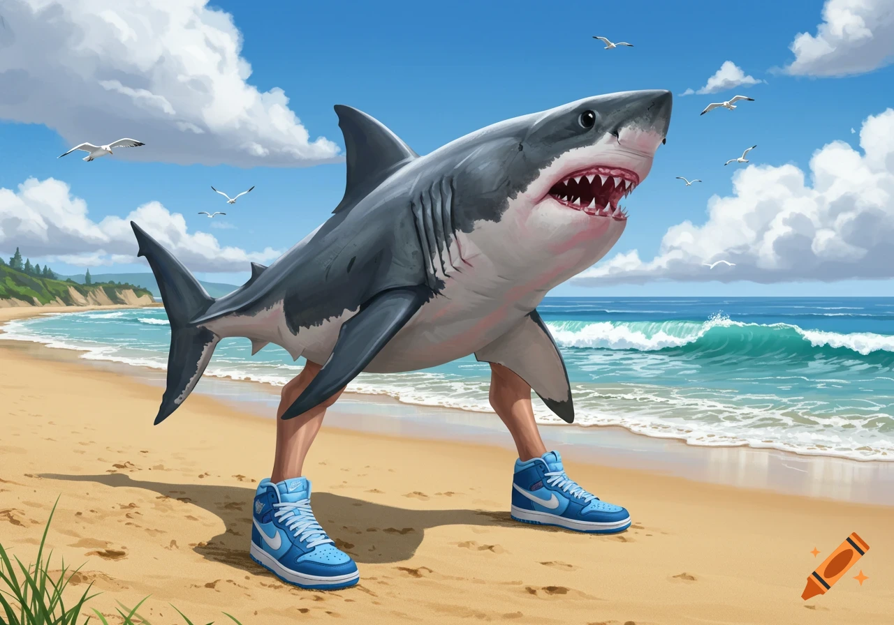 A shark with human legs and blue sneakers stands on a beach.
