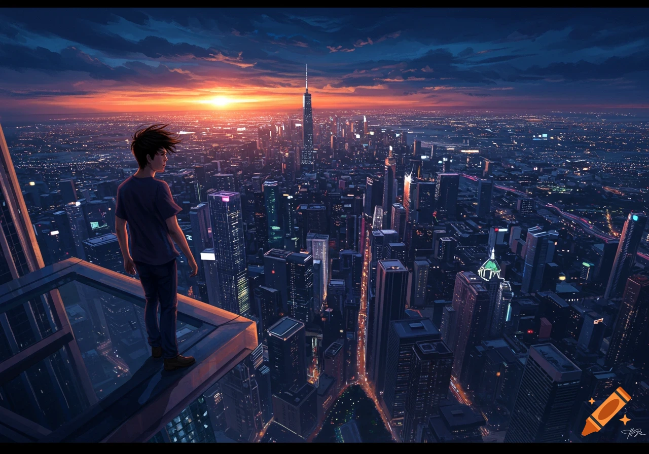 A person standing on a rooftop overlooking a vast city at sunset.