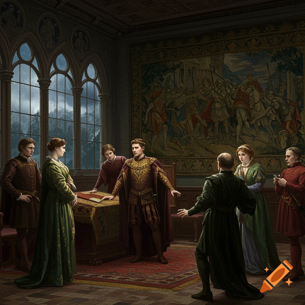 People in historical clothing in a room with a tapestry and large windows, gathered around a table.