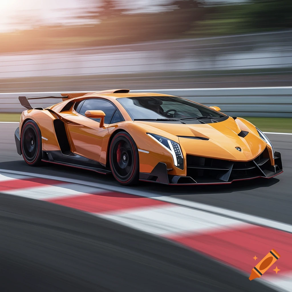 An orange Lamborghini Veneno sports car races on a track