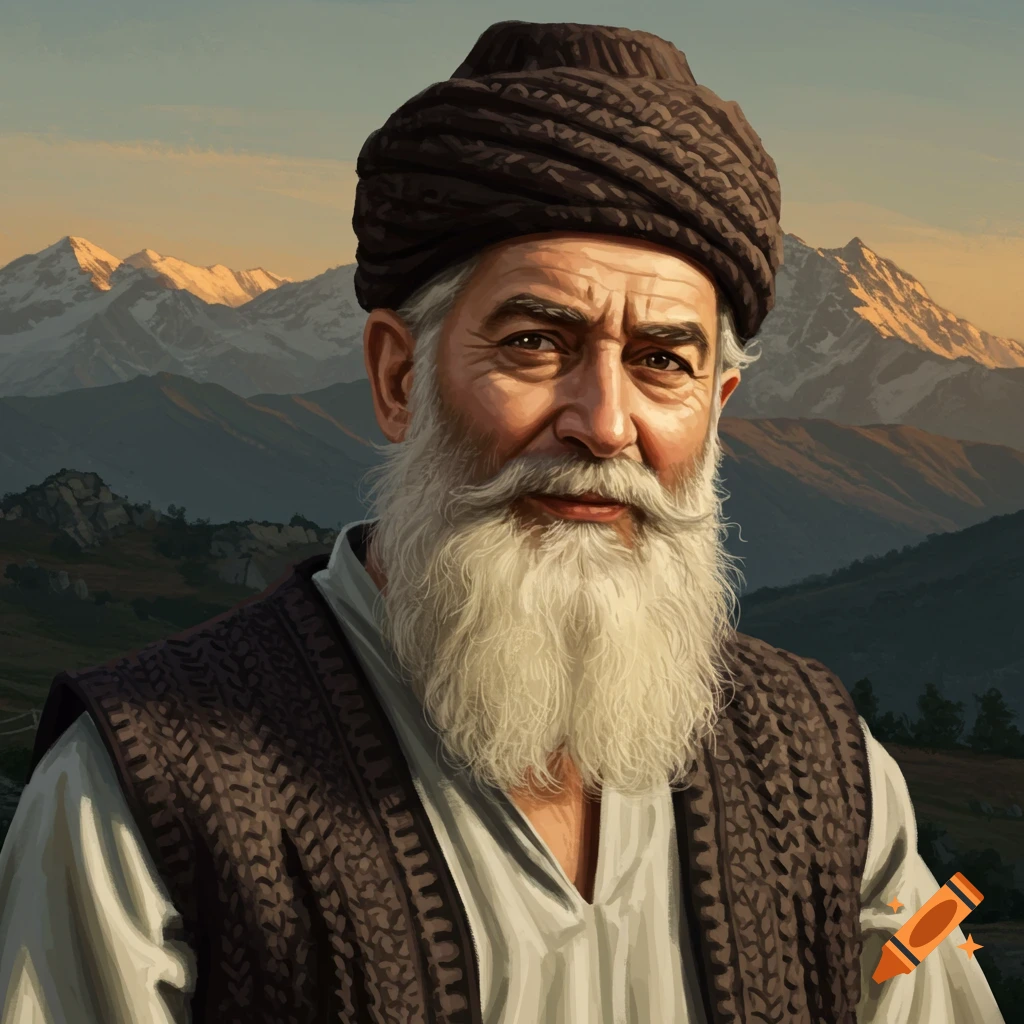 Portrait of an older man with a long white beard and turban in traditional clothing, standing before a mountain landscape at sunset.