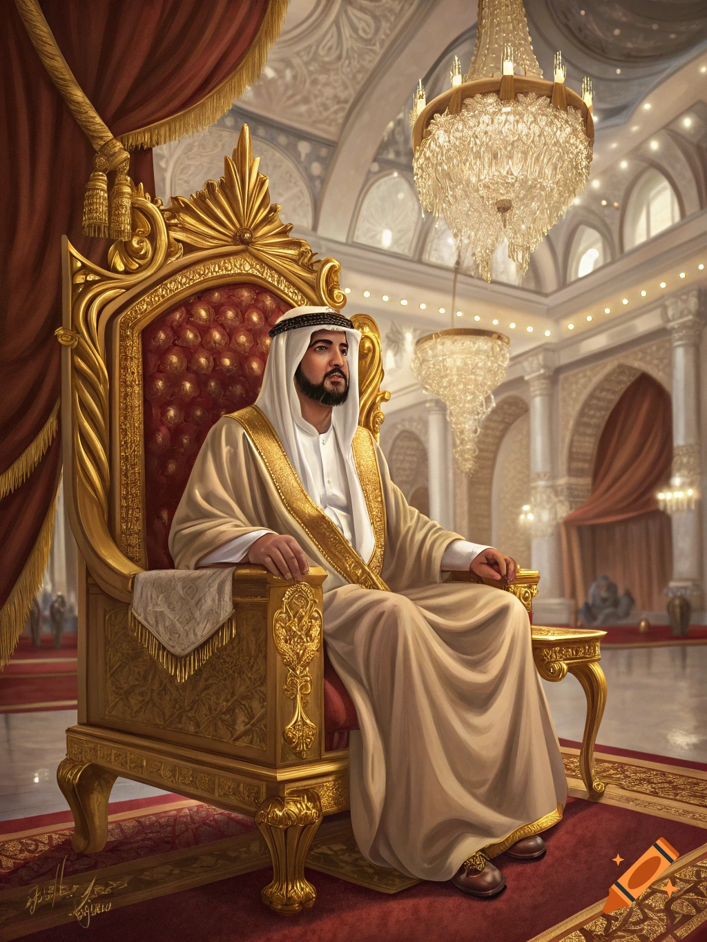 A man in traditional Arabian dress sits on a golden throne in a palace hall.
